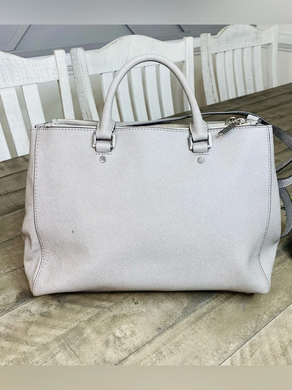 Michael Kors Sutton Medium Saffiano Leather Satchel Bag Gray Silver Hardware